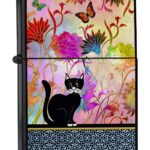 Mechero Lighter Impreso gato negro con flores de colores